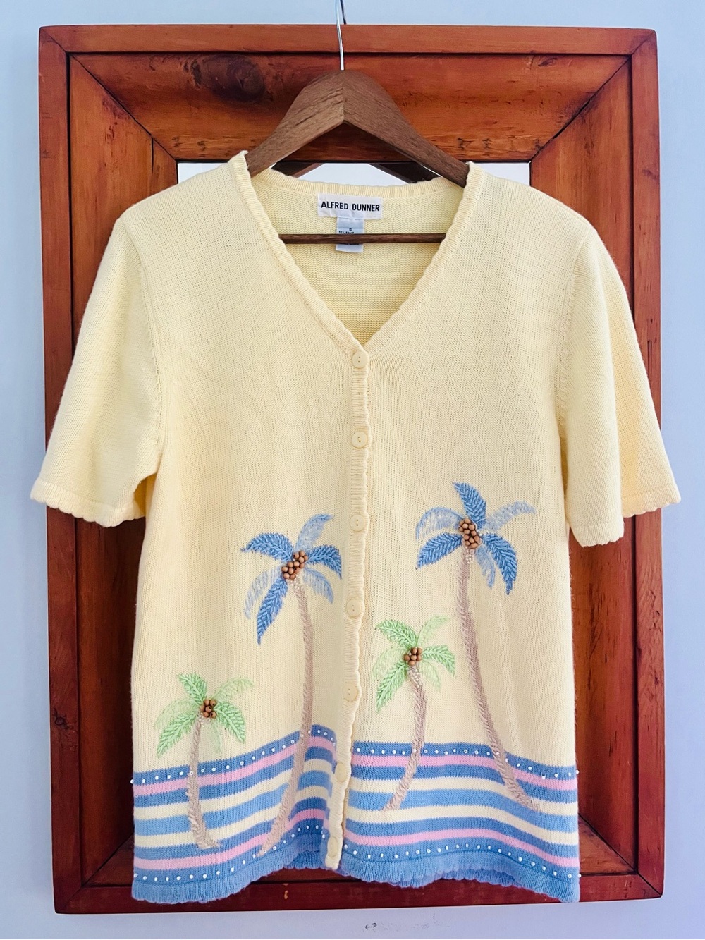 Vintage 90s Pale Yellow Palm Tree Button-Up Beaded Embroidered Sweater